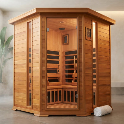 4-Person Cedar Corner Infrared Sauna — Studio Shot