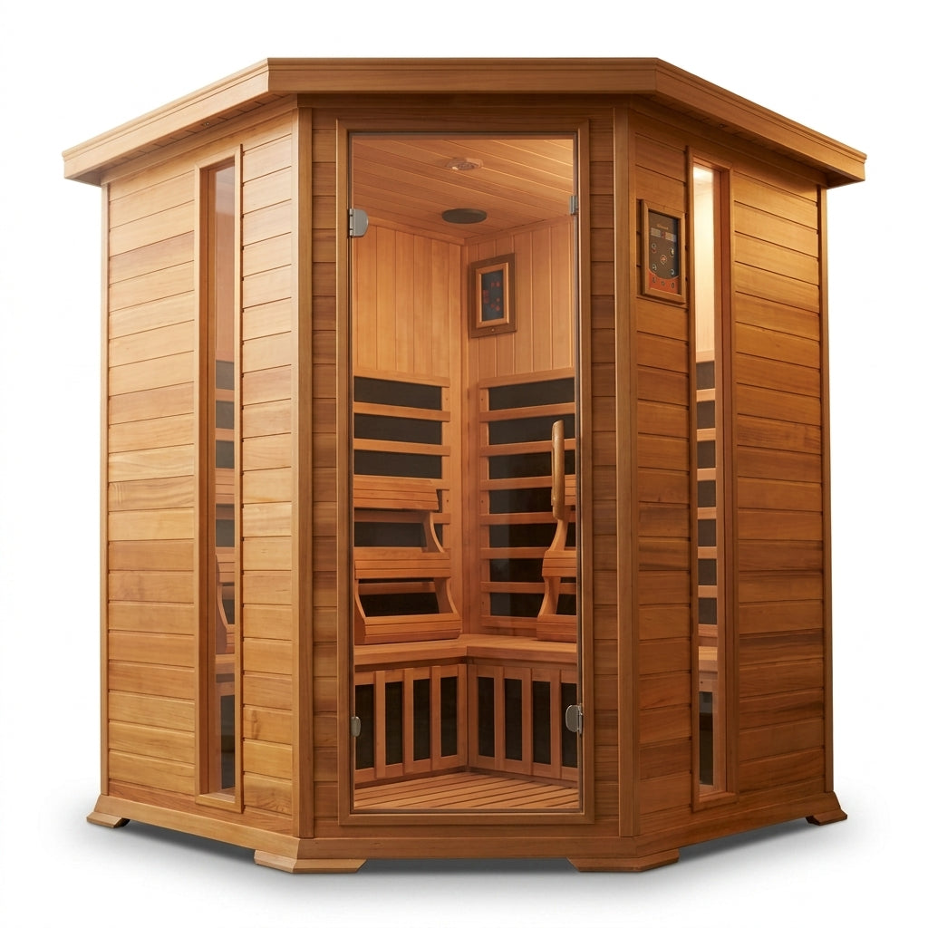 4-Person Cedar Corner Infrared Sauna — Studio Shot