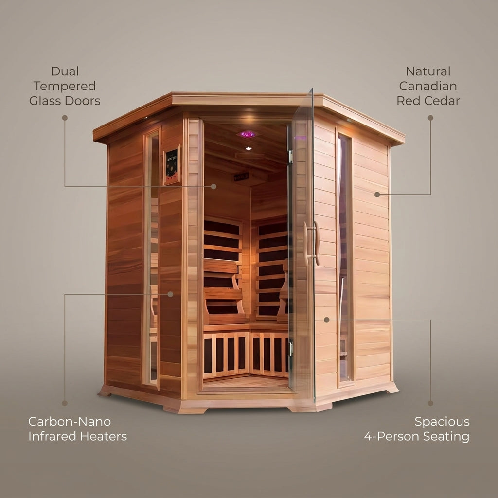 4-Person Cedar Corner Infrared Sauna — Feature Infographic