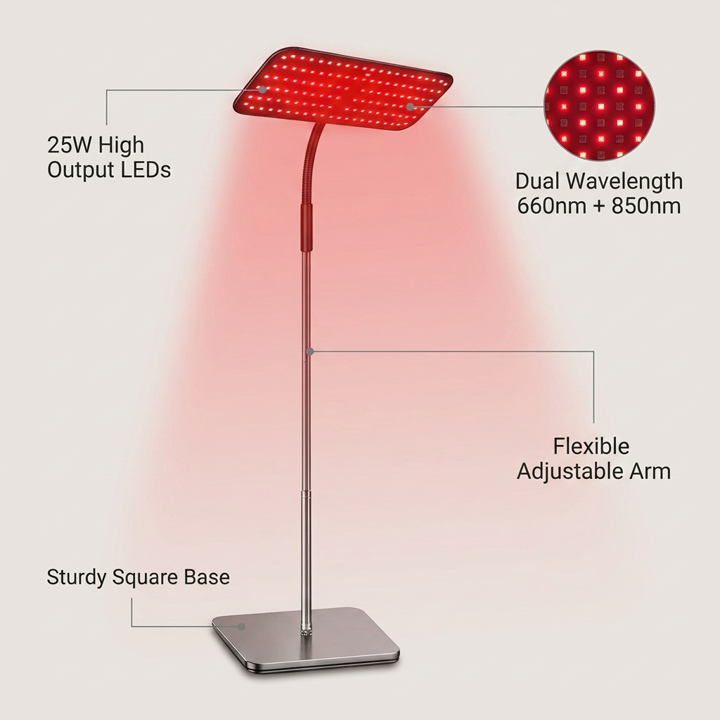660Nm &850Nm near Infrared Light Device 25W LED Red Light Therapy Lamp with Stand Facial Skin Care for Relief Muscle Joint Pain — Feature Infographic
