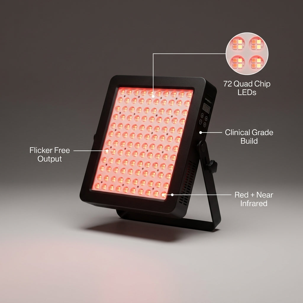 Red Light Therapy, Red near Infrared LED Panel, 72 Quad Chip Flicker Free Leds, Ultra Series, Clinical Grade Device - Popular — Feature Infographic