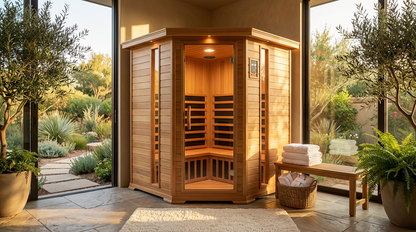 4-Person Cedar Corner Infrared Sauna — Lifestyle